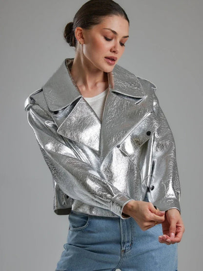 Luxe Silver Faux Leather Moto Jacket Women Winter Chic Streetwear