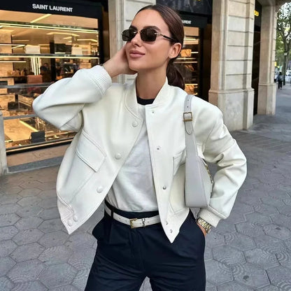 Classic White Cropped Bomber Jacket for Women