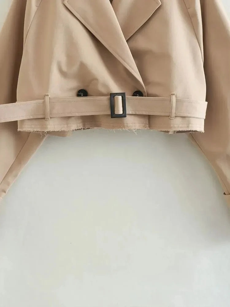 Vintage-Inspired Cropped Trench Jacket with Belt for Women