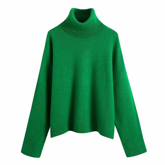 Cozy High Neck Ribbed Sweater Loose Knit Long Sleeve Pullover