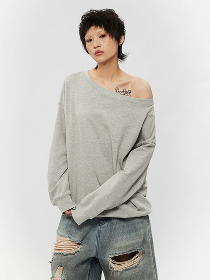 Airhood Gray Loose Pullover Off-Shoulder Sweatshirt