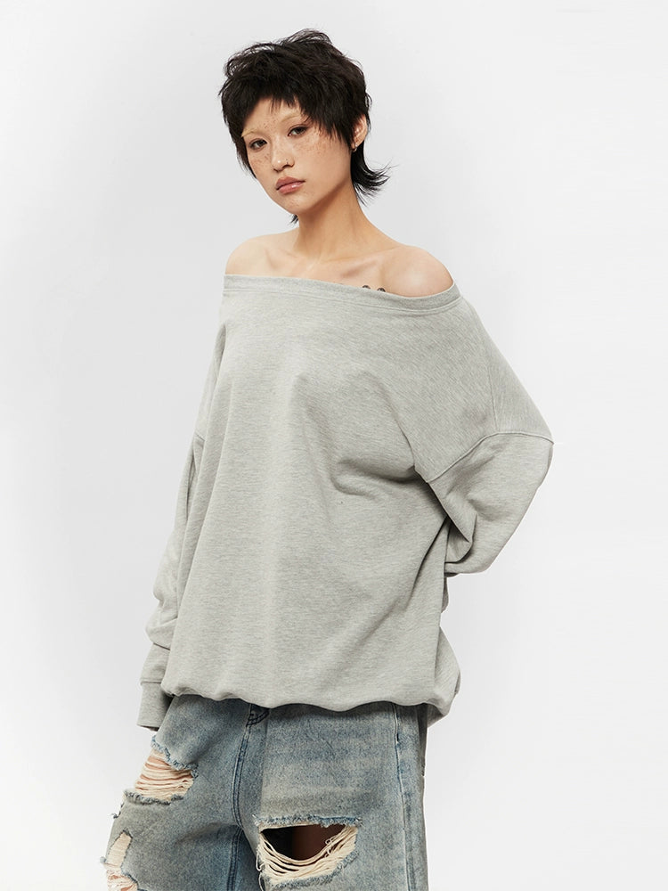 Airhood Gray Loose Pullover Off-Shoulder Sweatshirt