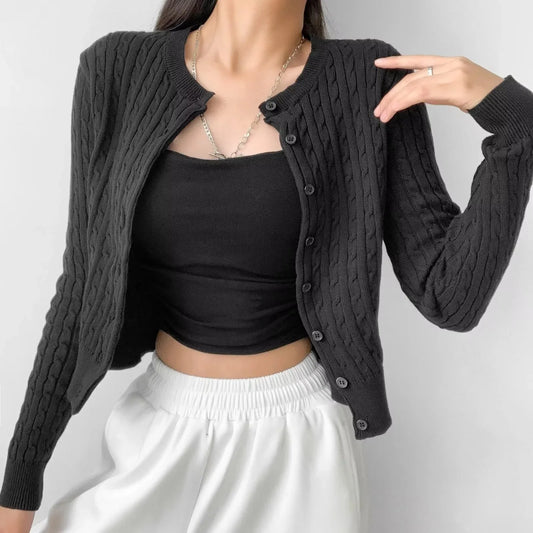 Classic Cable Knit Sweater Cardigan Full Sleeve Round Collar