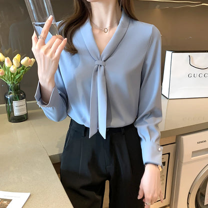 Chic Office Lady Chiffon Blouse with Bow Accent for Autumn