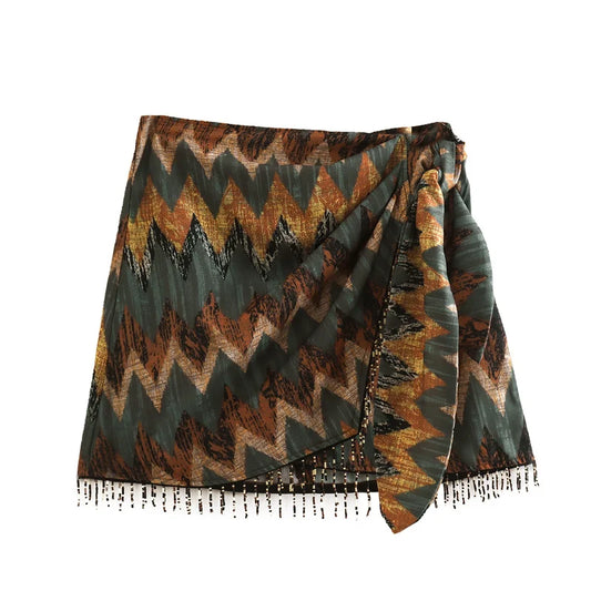 Retro Geometric Print Fringe Skirt