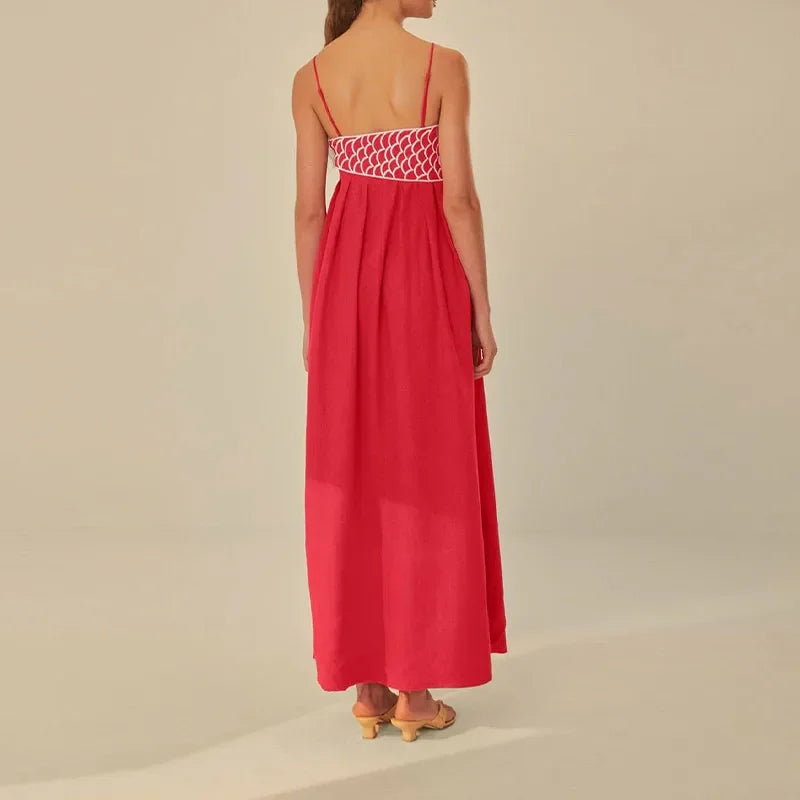 Red Fish Print Off-Shoulder Maxi Dress