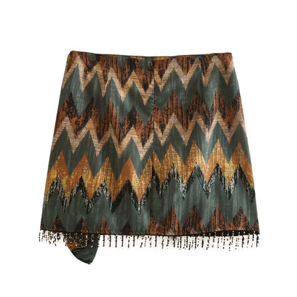 Retro Geometric Print Fringe Skirt