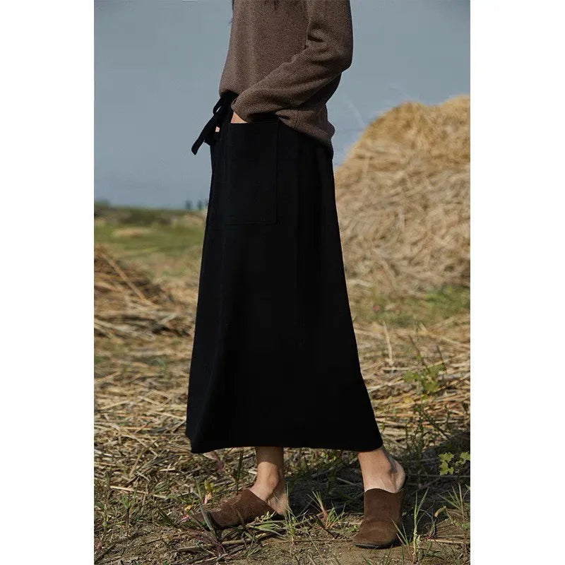 Retro-Inspired Cashmere Dress Long Skirt with Pockets for Fall/Winter