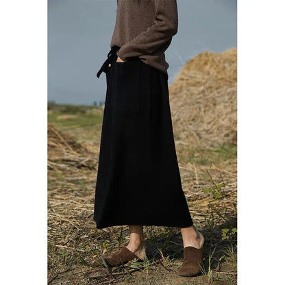 Retro-Inspired Cashmere Dress Long Skirt with Pockets for Fall/Winter