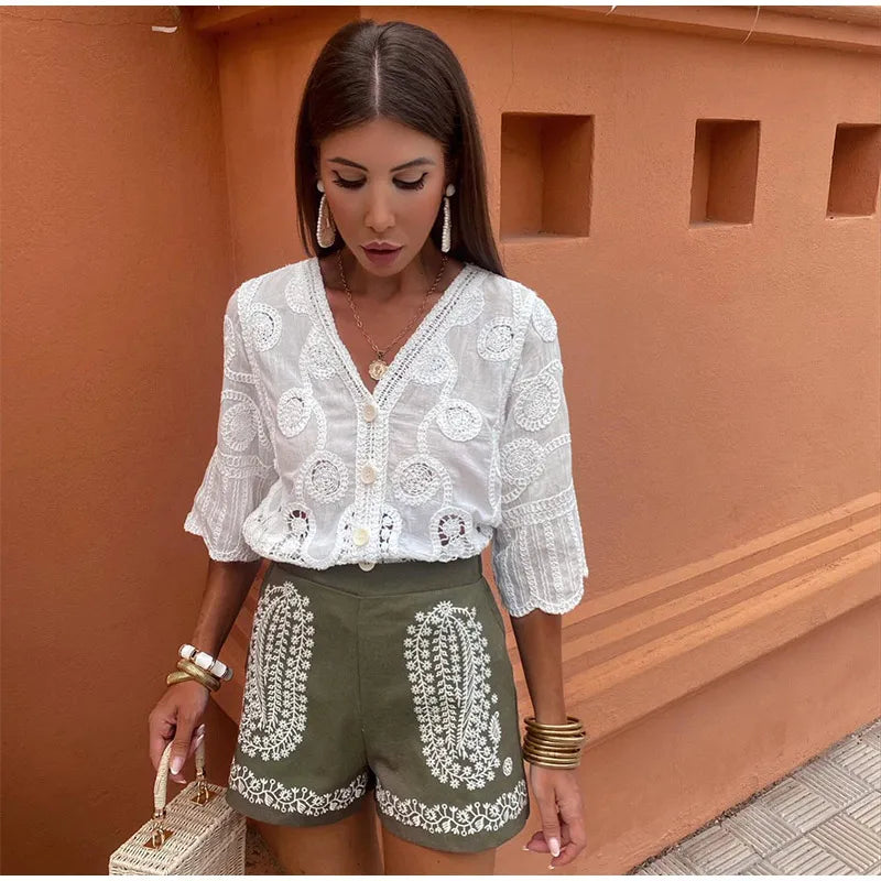 Elegant V-Neck Crochet Blouse