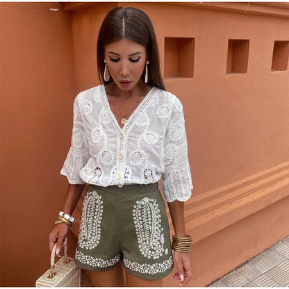 Elegant V-Neck Crochet Blouse