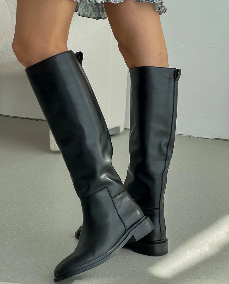 Genuine Leather High Heeled Knee-High Winter Boots for Women