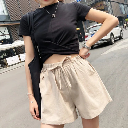 Plus Size Black Cotton Linen Shorts for Women