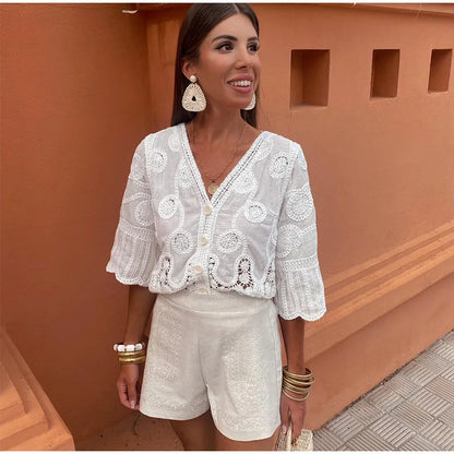 Elegant V-Neck Crochet Blouse