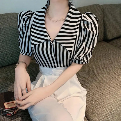 Vintage Striped Puff Sleeve Blouse