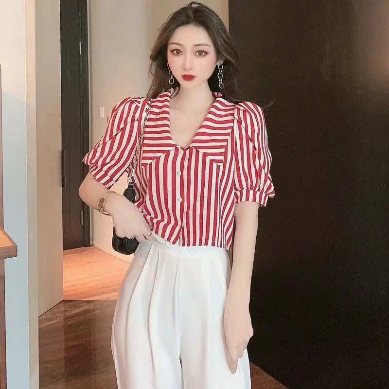 Vintage Striped Puff Sleeve Blouse