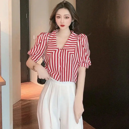 Vintage Striped Puff Sleeve Blouse