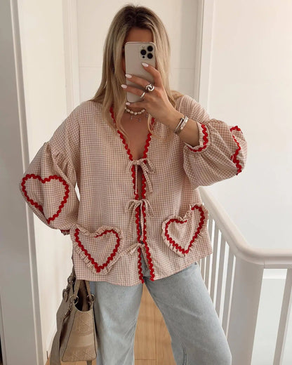 Vintage Heart Pocket V-Neck Blouse