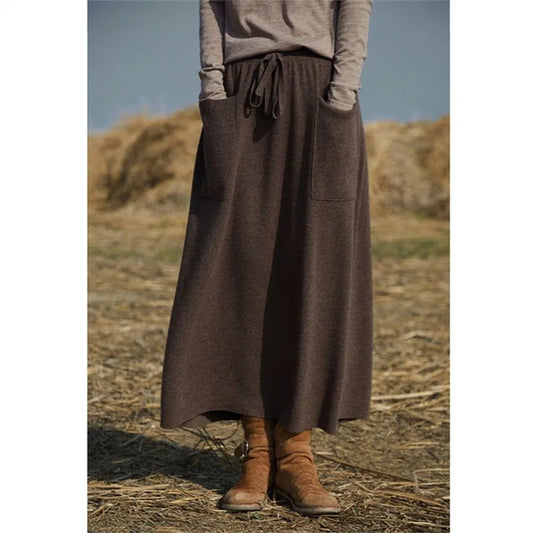 Retro-Inspired Cashmere Dress Long Skirt with Pockets for Fall/Winter