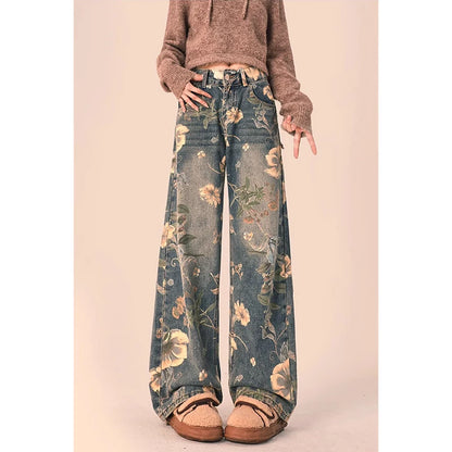 Retro Print High Waist Jeans