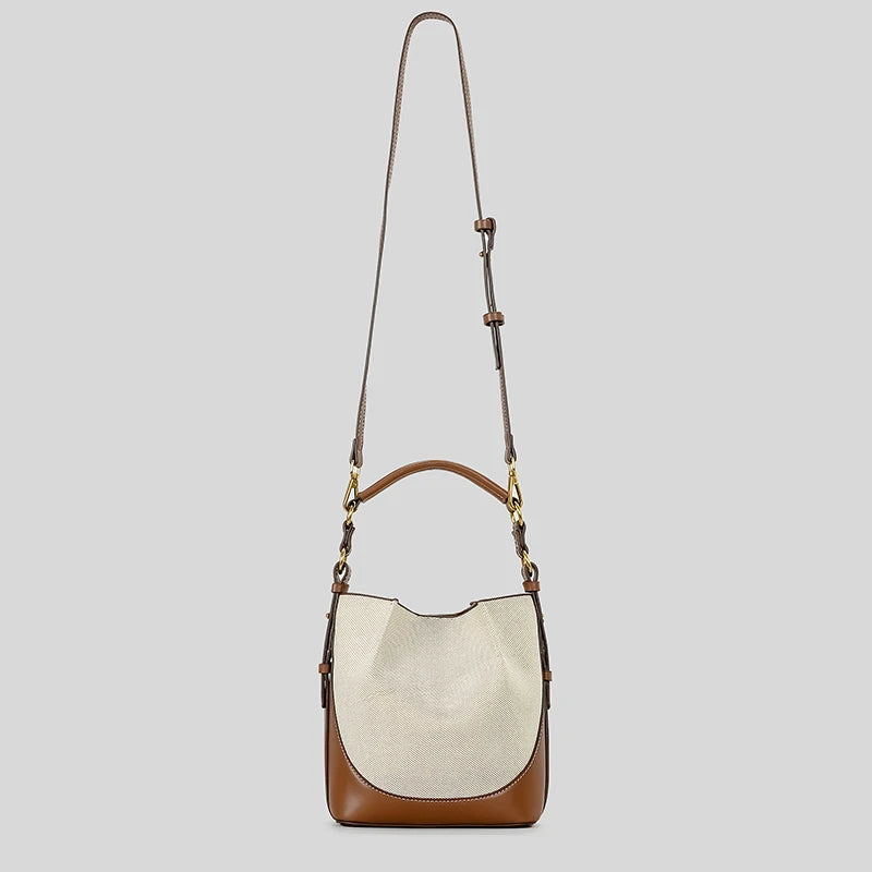 Luxe Panel Canvas Bucket Bag Wide Strap Designer Shoulder Crossbody