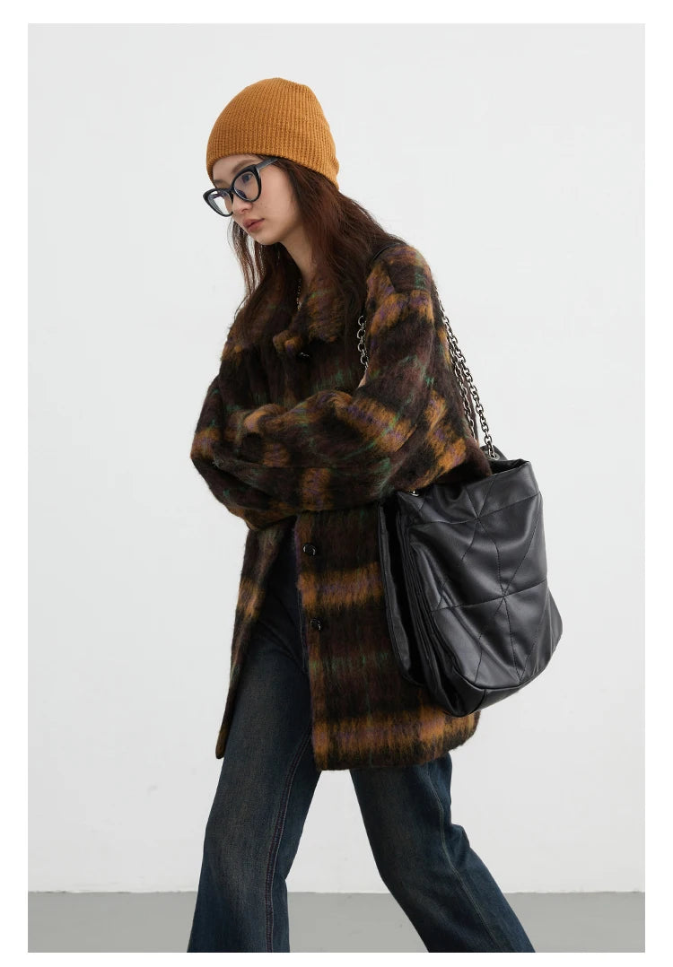 Autumn Vintage Wool Coat Women’s Plaid Polo Collar Outerwear