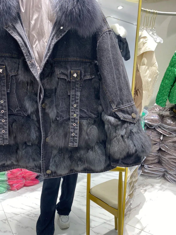 Women's Outerwear Luxe Fox Fur Denim Parka