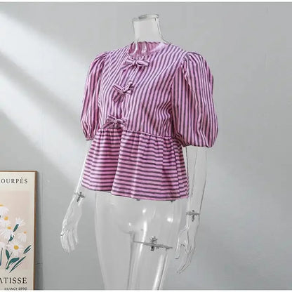 Elegant Stripe Bow Lace-Up Blouse