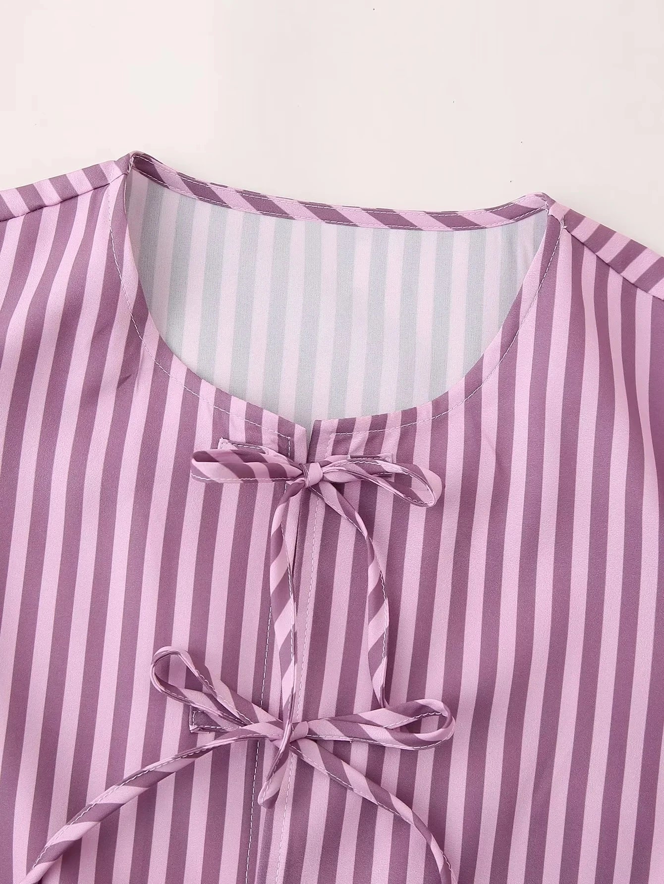 Elegant Stripe Bow Lace-Up Blouse