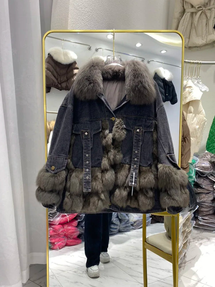 Women's Outerwear Luxe Fox Fur Denim Parka