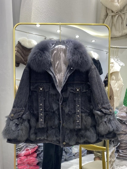 Women's Outerwear Luxe Fox Fur Denim Parka