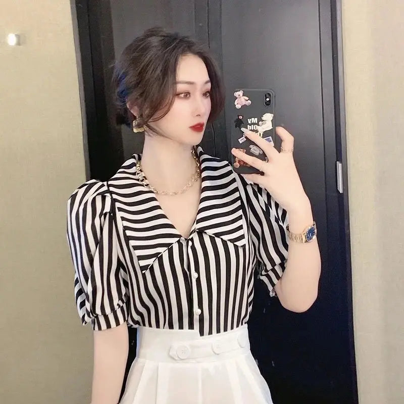 Vintage Striped Puff Sleeve Blouse