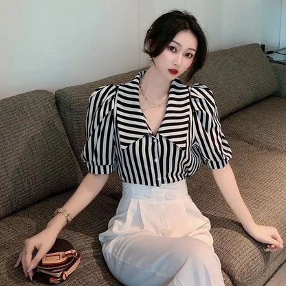 Vintage Striped Puff Sleeve Blouse