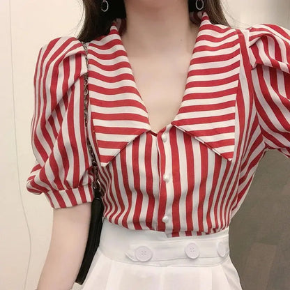 Vintage Striped Puff Sleeve Blouse