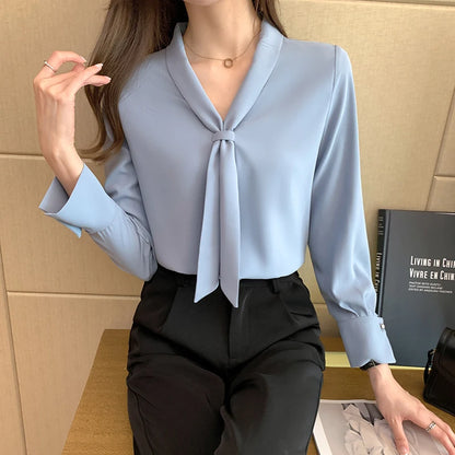 Chic Office Lady Chiffon Blouse with Bow Accent for Autumn