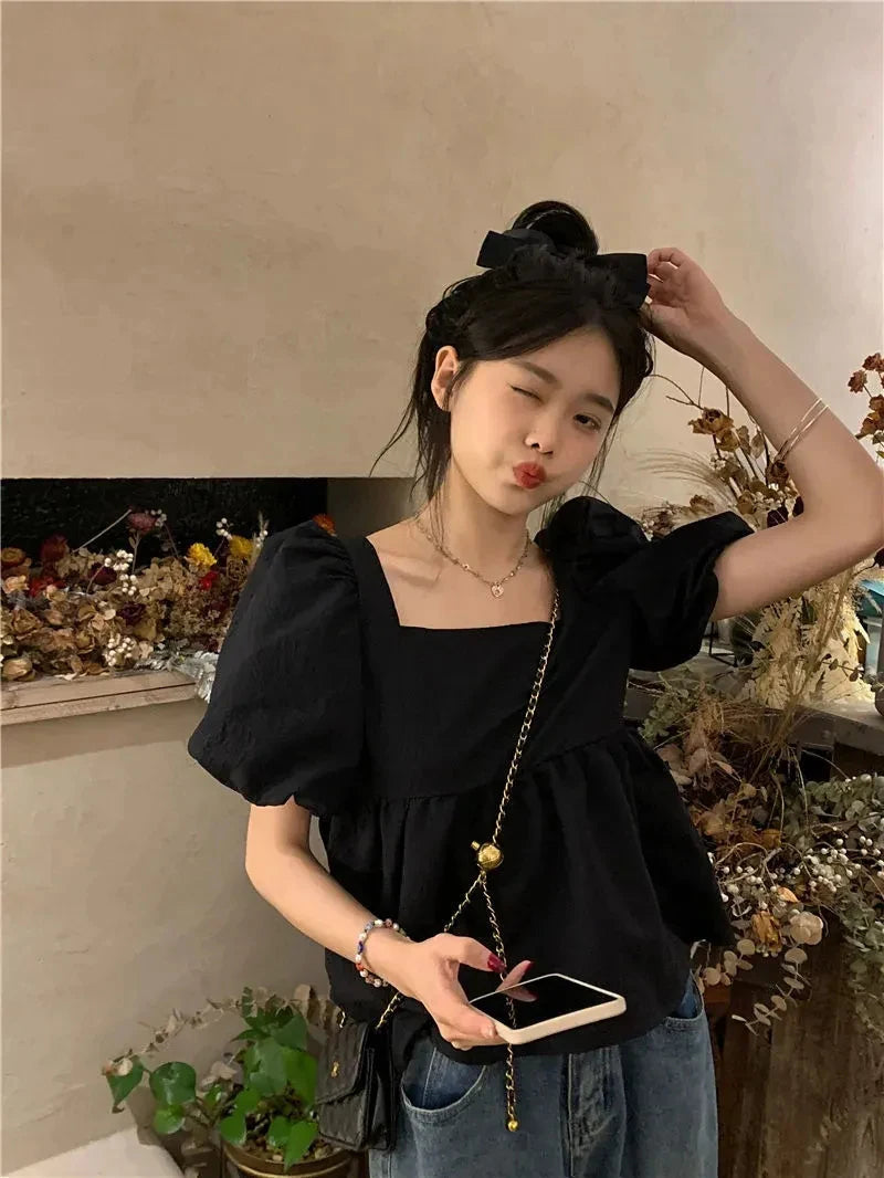 Korean Chic Puff Sleeve Crop Top