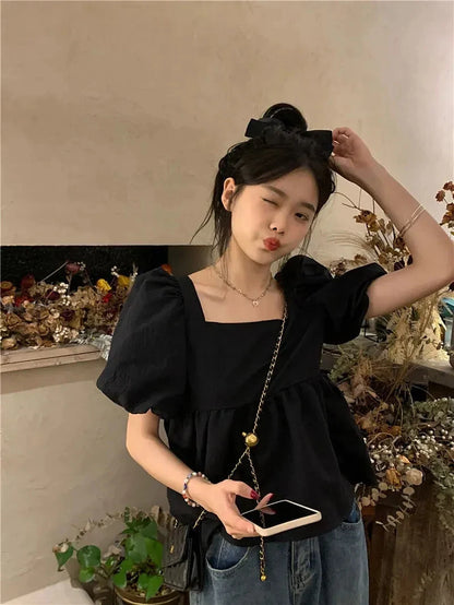 Korean Chic Puff Sleeve Crop Top