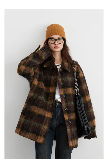 Autumn Vintage Wool Coat Women’s Plaid Polo Collar Outerwear