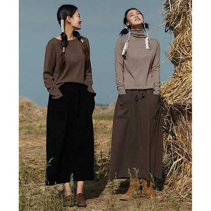 Retro-Inspired Cashmere Dress Long Skirt with Pockets for Fall/Winter