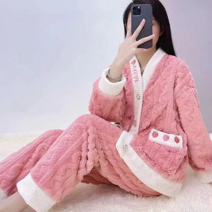 Casual Winter Fleece Cardigan Sleep Set