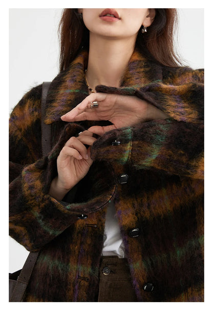 Autumn Vintage Wool Coat Women’s Plaid Polo Collar Outerwear