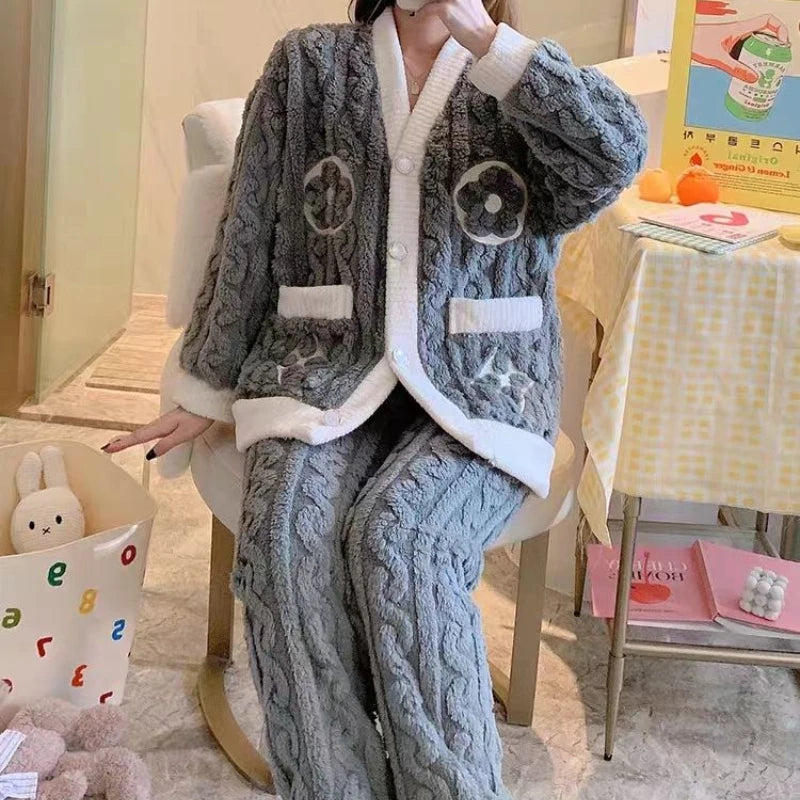 Casual Winter Fleece Cardigan Sleep Set