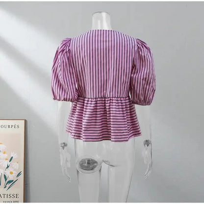 Elegant Stripe Bow Lace-Up Blouse