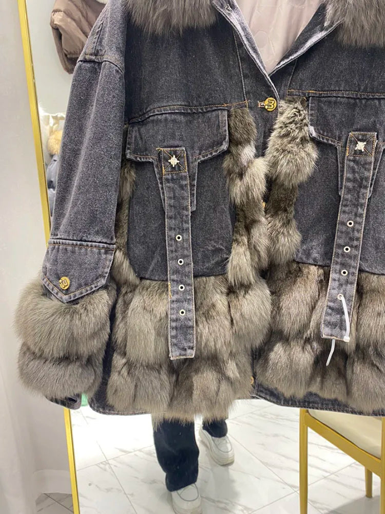 Women's Outerwear Luxe Fox Fur Denim Parka