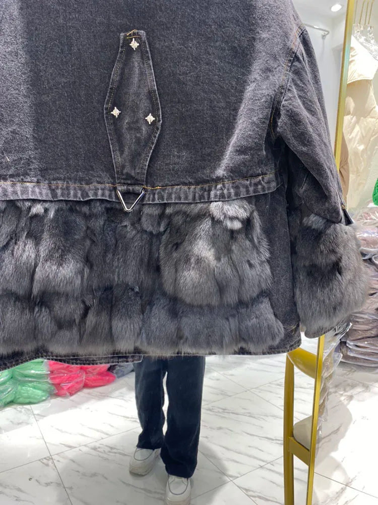 Women's Outerwear Luxe Fox Fur Denim Parka