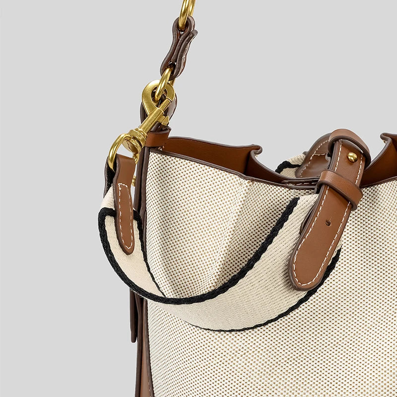 Luxe Panel Canvas Bucket Bag Wide Strap Designer Shoulder Crossbody