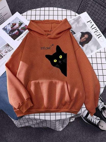 Big Black Cat Print Hoodie Womens Streetwear