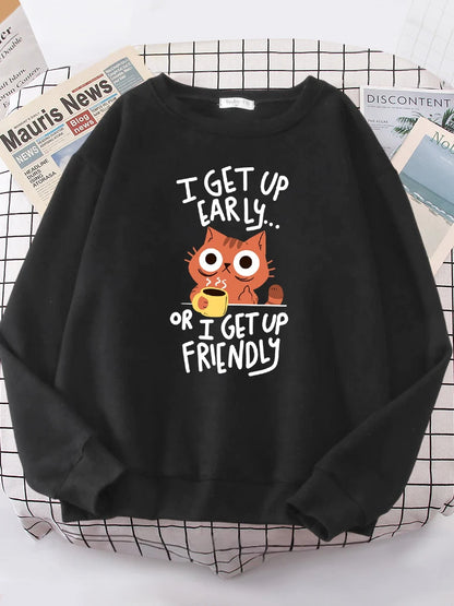 Morning Mood Cozy Cat Print Oversized Hoodie for Women