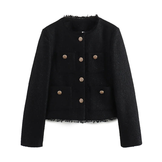 Chic Tweed Crop Jacket with Frayed Details and Button-Up Style