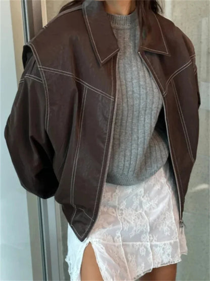 Oversized PU Leather Jacket with Lapel and Bold Contrast Stitching